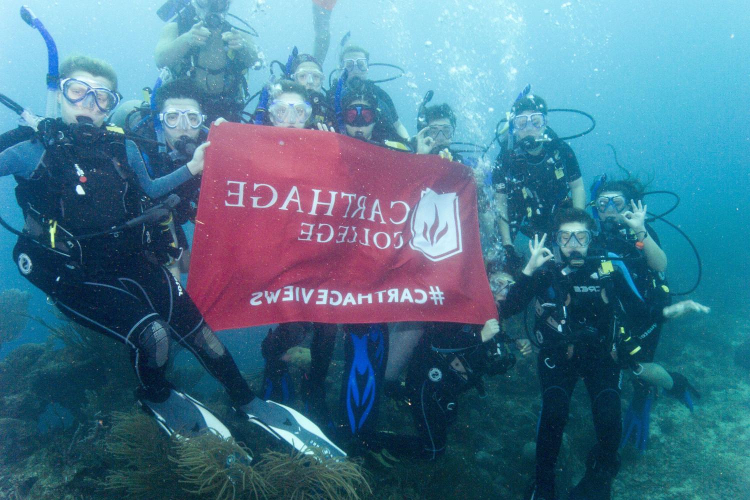 学生们手持<a href='http://hui.hbwendu.org'>全球十大赌钱排行app</a>旗帜，在j学期洪都拉斯游学之旅中潜水.